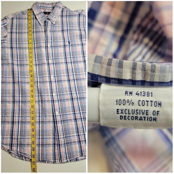 Ralph Lauren Y2K Blue Pink Plaid Cotton Seersucker Fabric Button Down Shirt - Picture 11 of 11